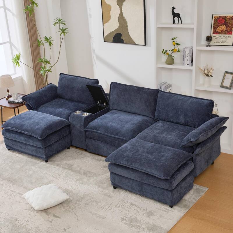 U Shaped Modular Sectional Sofa, Lounge Sofa with Storage Console & Wireless Charging, Sleeper Sofa with Movable Seat