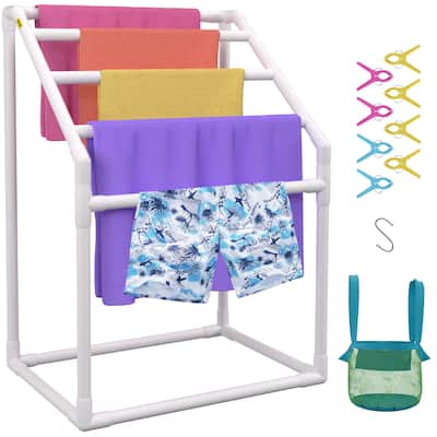 VEVOR 5/8/7 Bar Freestanding PVC Trapedozal Poolside Storage Organizer with 8Towel Clips Mesh Bag Hook for Beach Swimming Pool