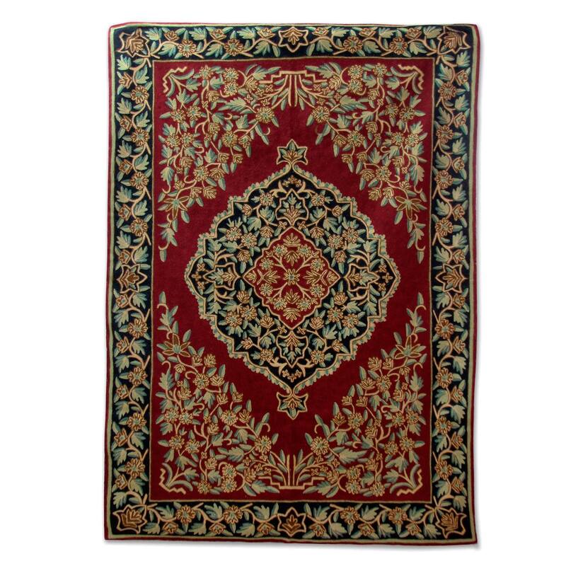 Handmade Red Mughal Garden Chain stitched wool rug (India ) - Big