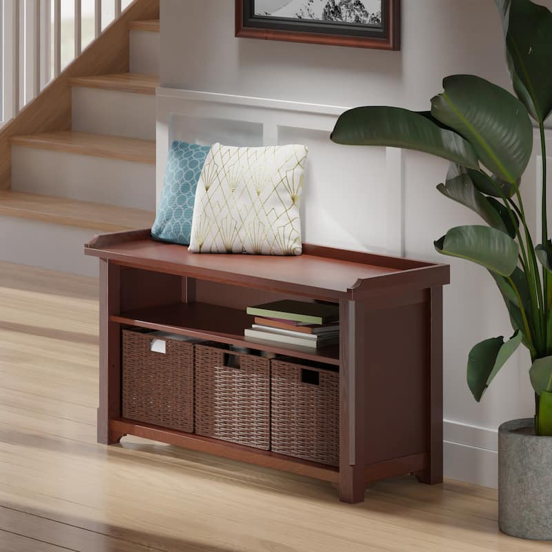 Milan 4-Pc Storage Bench with 3 Foldable Woven Baskets, Walnut - 40 x 14.17 x 22.05 inches
