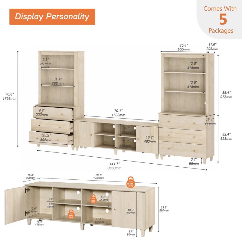 WAMPAT Modern TV Stand and Bookcase Set for 75" TVs