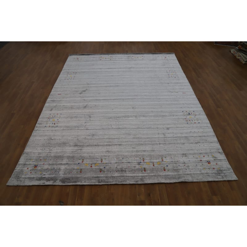 Hand Knotted Oriental Viscose Silk Carpet Tribal Animal Pictorial Greys & Charcoal Gabbeh Area Rug - 11' 9'' X 8' 11''