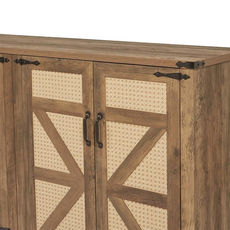 Farmhouse Buffet Cabinet, 65" Sideboard Buffet Cabinet, Rattan Storage Cabinet with 4 Doors - 64.96L*15.75W*34.05H