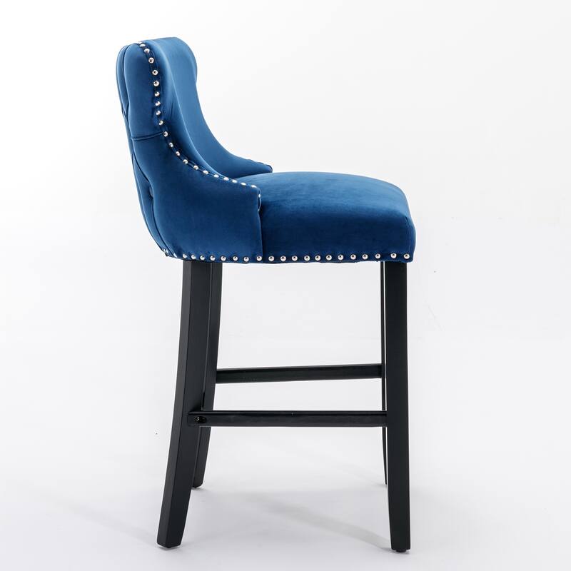 Furniture Blue Velvet Wingback Bar Stools Set of 2, Button Tufted with Wood Legs & Chrome Nailhead Trim