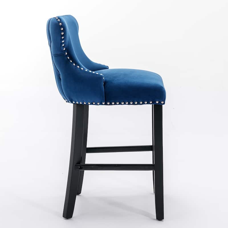 Nailhead Trim Velvet Bar Stools, Tufted Button Wingback Dining Chair, Wooden Legs Counter High Bar Chair, Set of 2