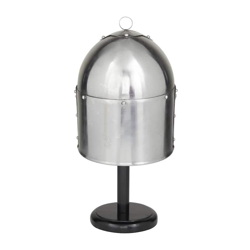 Metal Replica Medieval Knight Crusader Helmet with Black Wood Stand - Silver - Roche River Decor