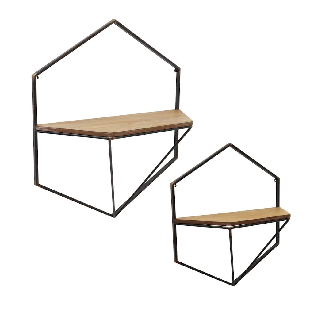 Set of 2 Brown and Black Hexagon Wall Shelves 17"