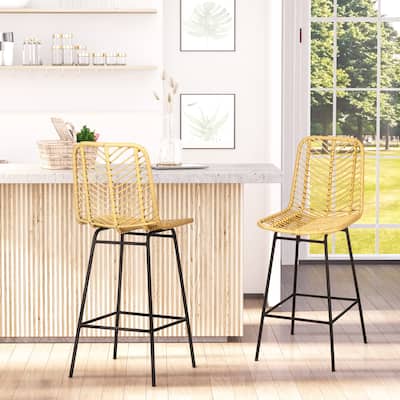Rattan Bar Stools Set of 2, Wicker Counter Height Barstools with Steel Legs and Footrest for Dining Room, Kitchen, Pub, Yellow