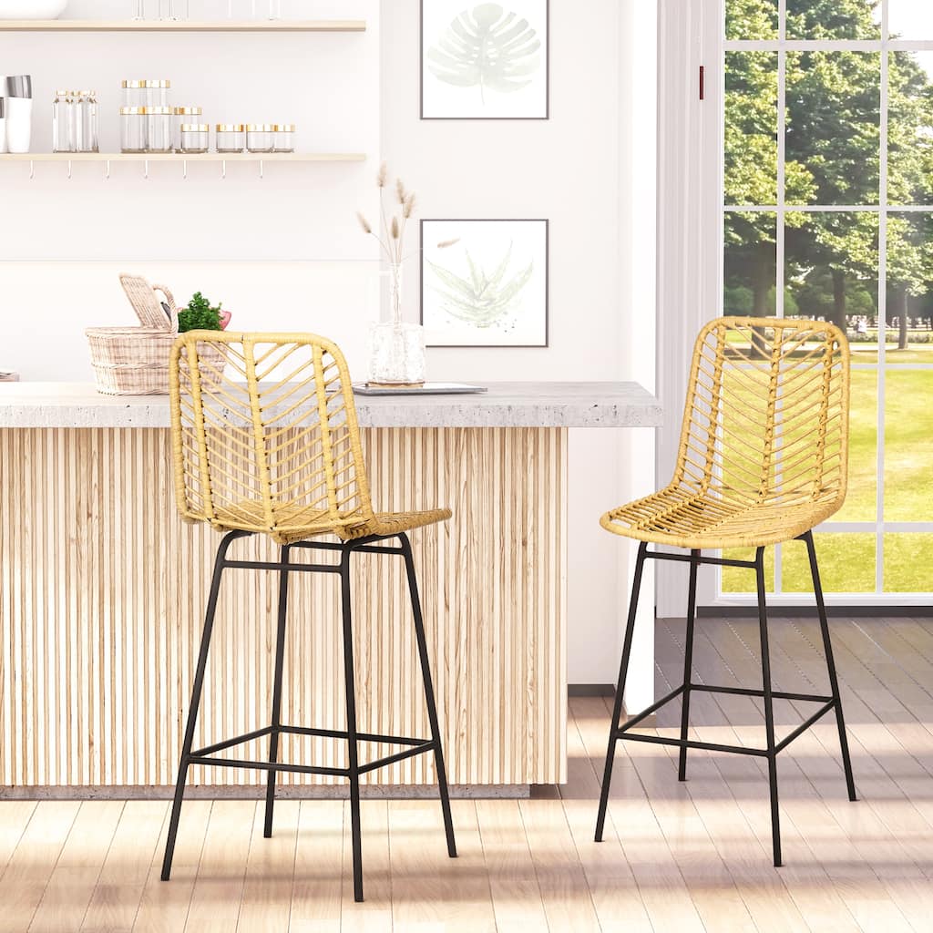 Rattan Bar Stools with Breathable Wicker Seat and Back (Set of 2)