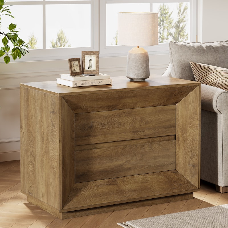 35.43" Wide Nightstand, Oak Large Night Stand with Drawers