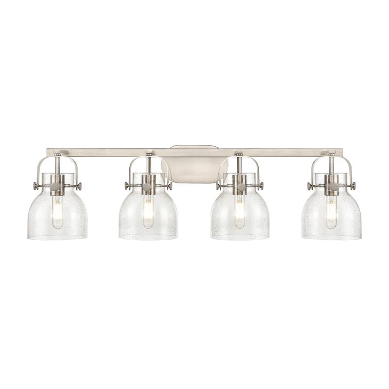 Innovations Lighting Pilaster II Bell - 4 Light 6" Wall-Mounted Bath Vanity Light - Satin Nickel/Seedy