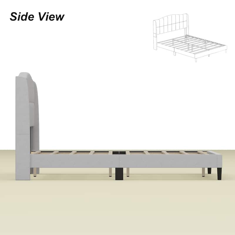 Upholstered Platform Bed Frame with Wingback Headboard and Wooden Slats
