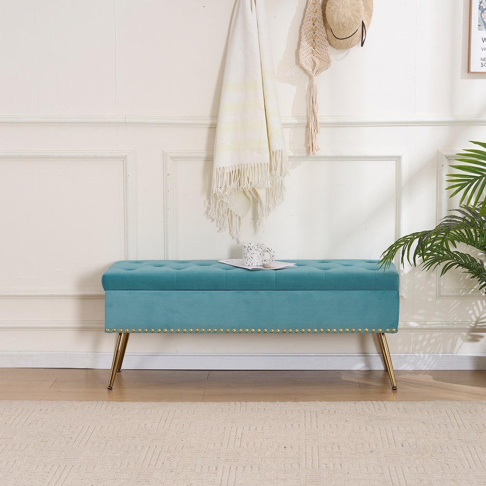 Velvet Storage Ottoman Bench with gold legs and Nailhead Trim for Bedroom/End of Bed/Entryway/Window