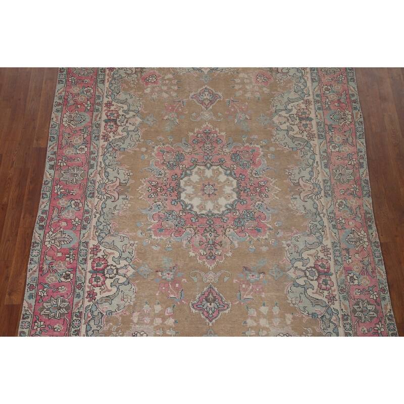 Brown Distressed Tabriz Persian Antique Rug Hand-knotted Wool Carpet - 6'2" x 9'8"
