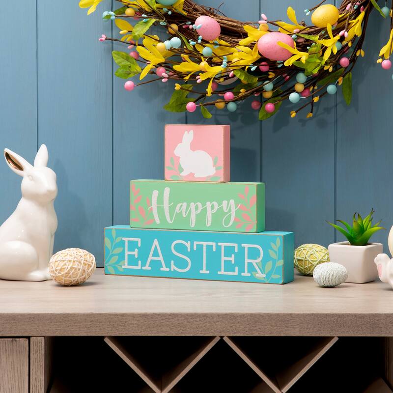 Glitzhome 9.5"L Wooden Block Easter Bunny Table Sign Decor "Happy Easter"