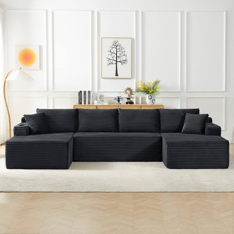 Minimalist Modular Lounge Couch U-shaped Sectional Sofa with Chaise, Corduroy Sleeper Sofa Bed with Side Pockets and Cup Holders