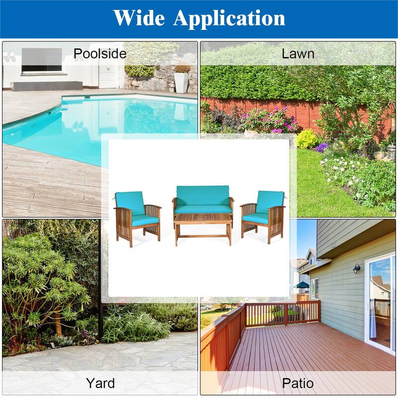 Costway 4PCS Patio Solid Wood Furniture Set Conversation Coffee Table - 4-Piece Sets