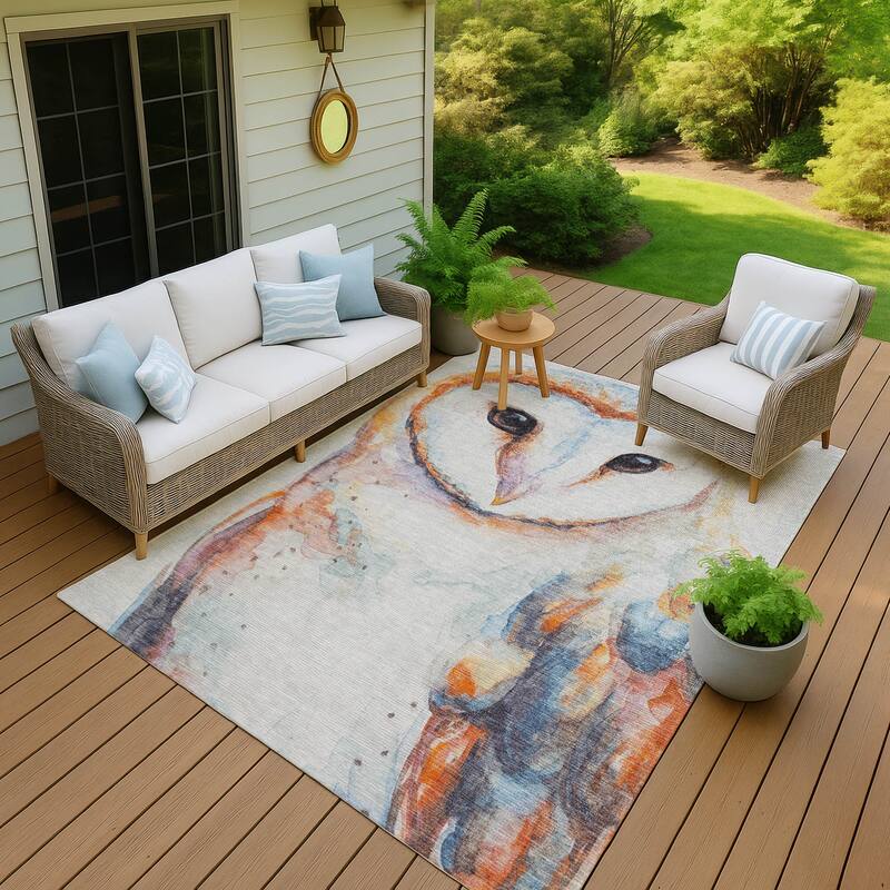 Machine Washable Indoor/ Outdoor Modern Owl Chantille Rug - Ivory - 8' x 10'
