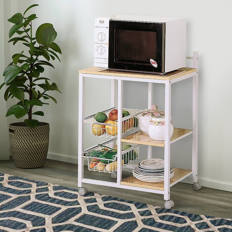Kitchen Cart with 3 Shelves & 2 Storage Compartments, Brown And White