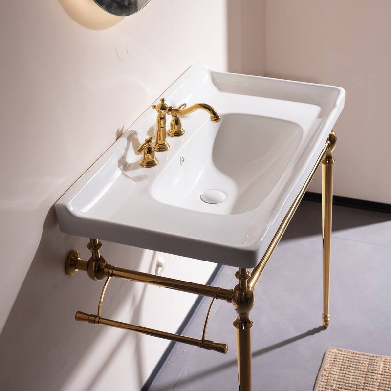 GDFStudio - Vici Modern 36" Bathroom Console Sink with Freestanding Stainless Steel Legs & Towel Bar, WITHOUT Faucet