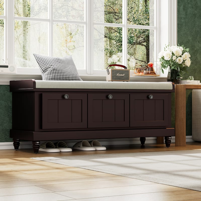 Classic Entryway Shoe Bench with Cushion & Three Storage Drawers, Fluted Design for Hallway, Living Room or Foyer