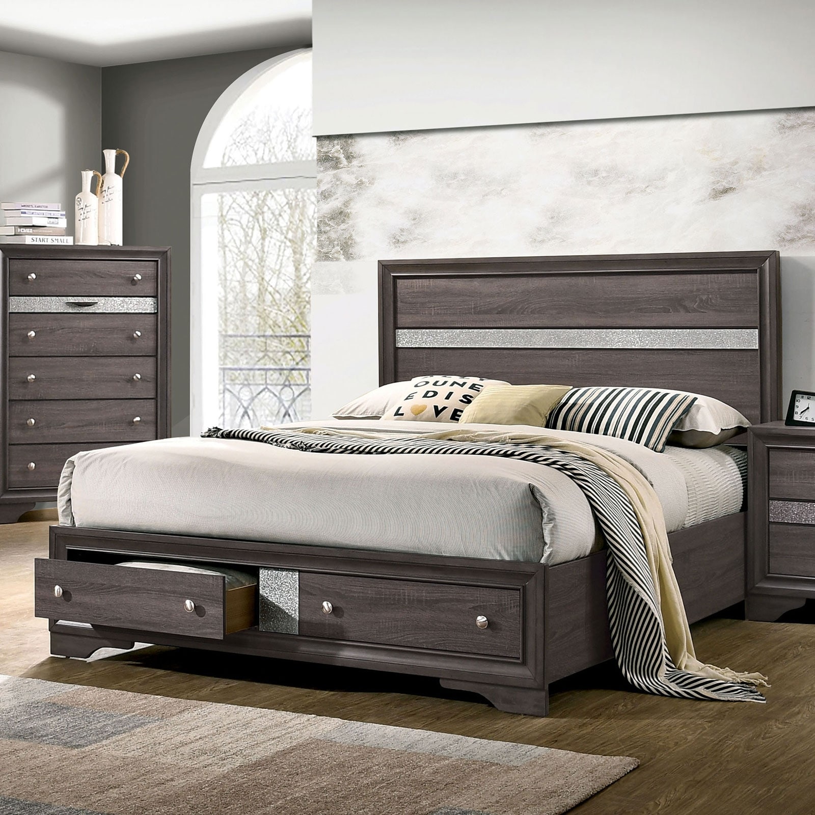 Contemporary Queen Size Bed with Drawers, Panel Headboard, Black Color