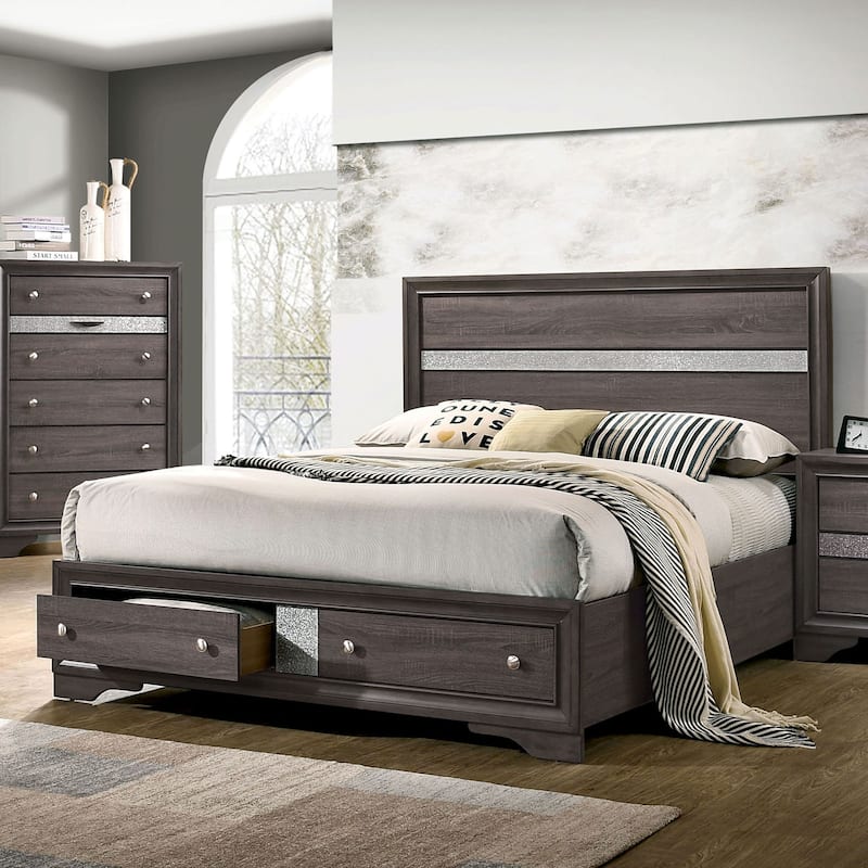 Queen Size Gray Panel Headboard Bed with Drawers, Contemporary Bedroom Furniture - Gray