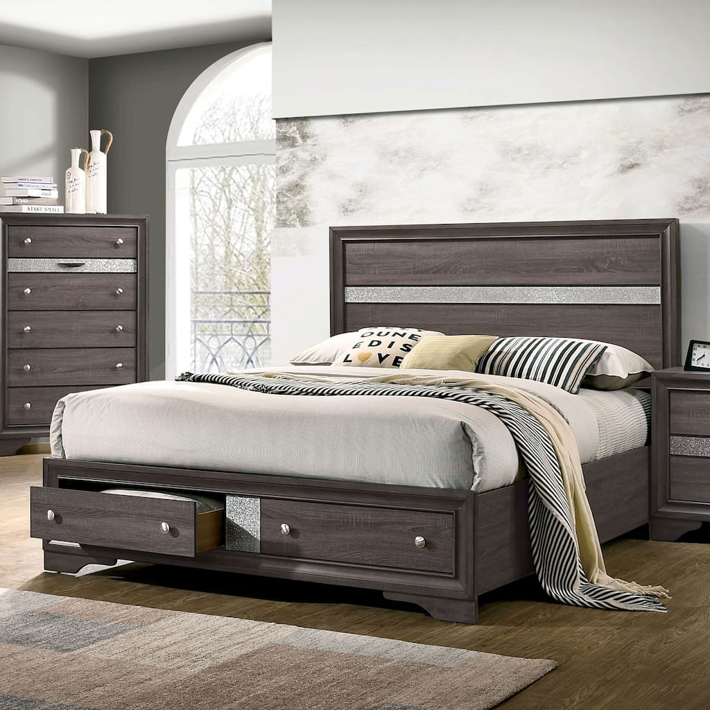 Queen Size Gray Panel Headboard Bed with Drawers, Contemporary Bedroom Furniture
