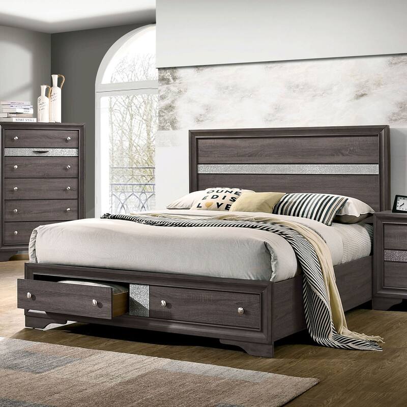 Queen Size Wood Storage Bed with Footboard Drawers and Panel Headboard - Gray