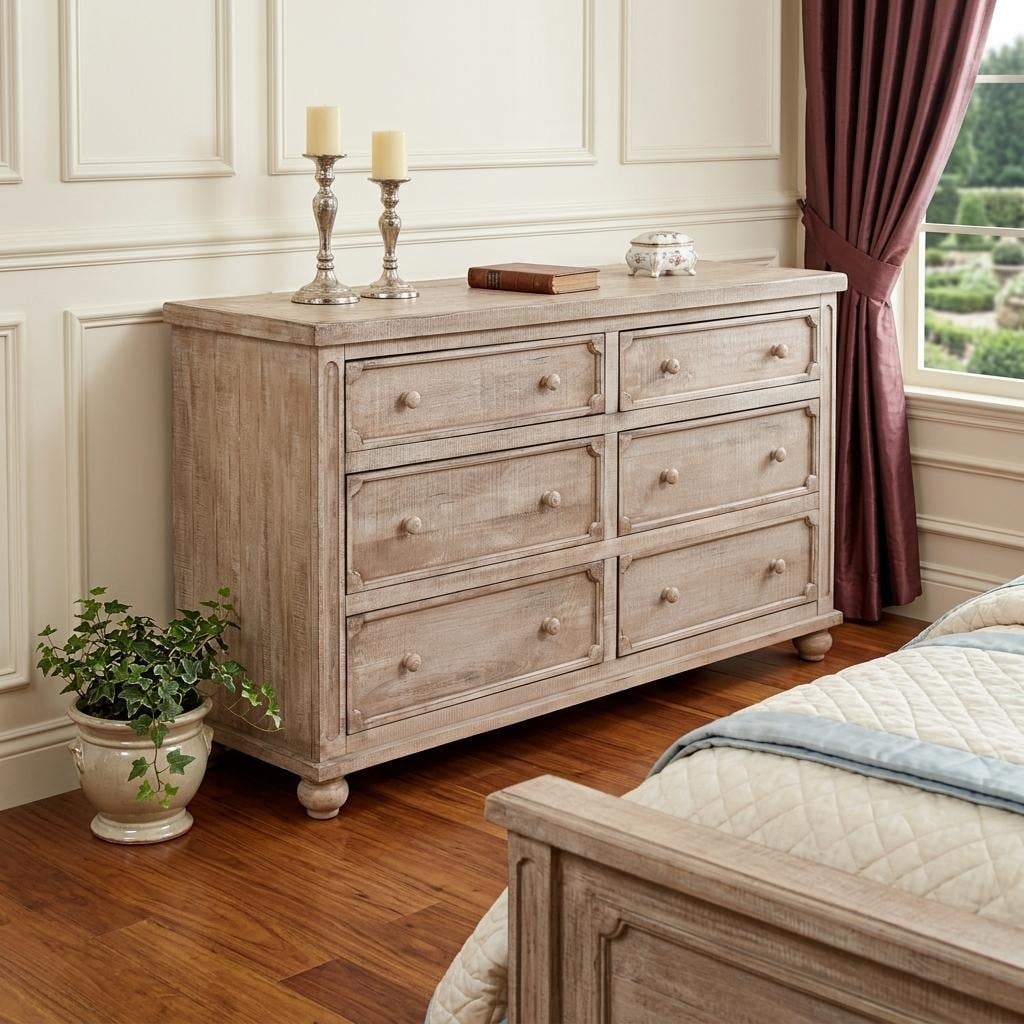 HomeRoots 70" Natural Solid Wood Six Drawer Double Dresser