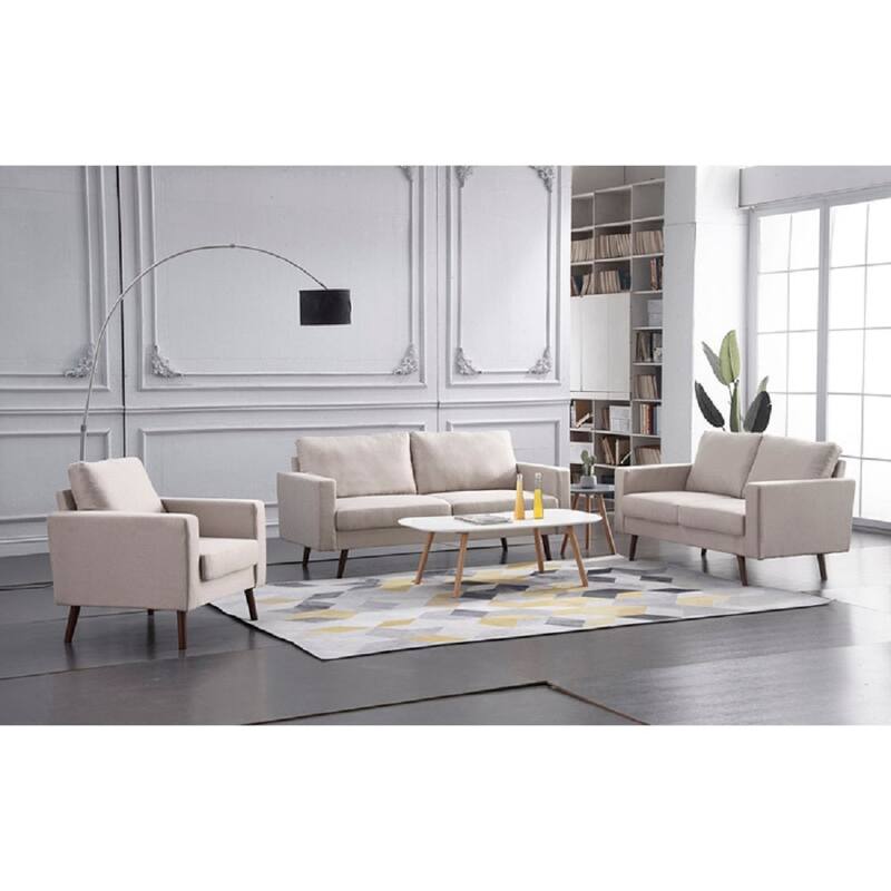 Contemporary Living Room Linen Upholstered Sofa Set w/ Cylinder Pillows, Beige