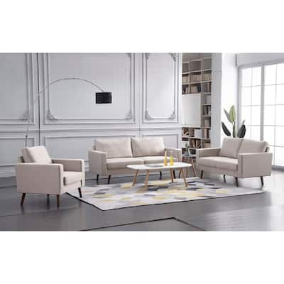 Contemporary Living Room Linen Upholstered Sofa Set w/ Cylinder Pillows, Beige