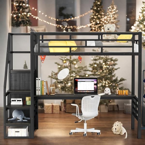 slide 2 of 28, Full Size Loft Bed With Desk,Storage Staircase And Wardrobe for Home Black