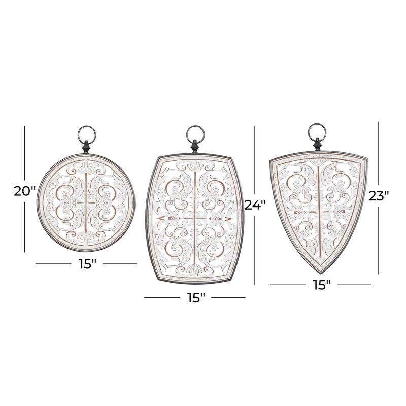 White Wooden Carved Design Floral Home Wall Decor with Ring Hanger (Set of 3)