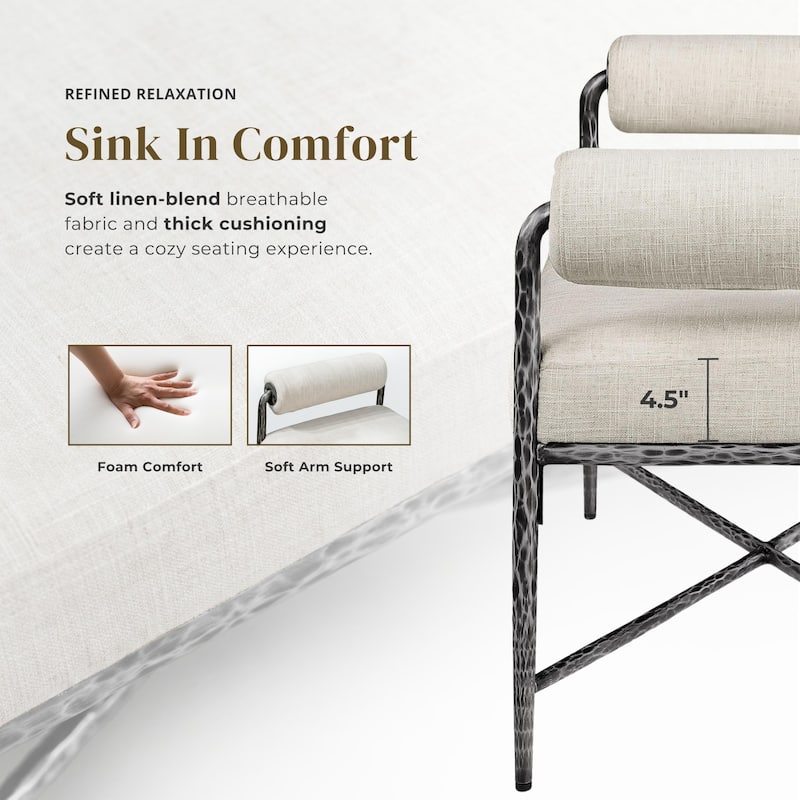 247 Shop At Home Lalia Modern Upholstered 48-inch Hammered Metal Accent Bench with Roll Arms