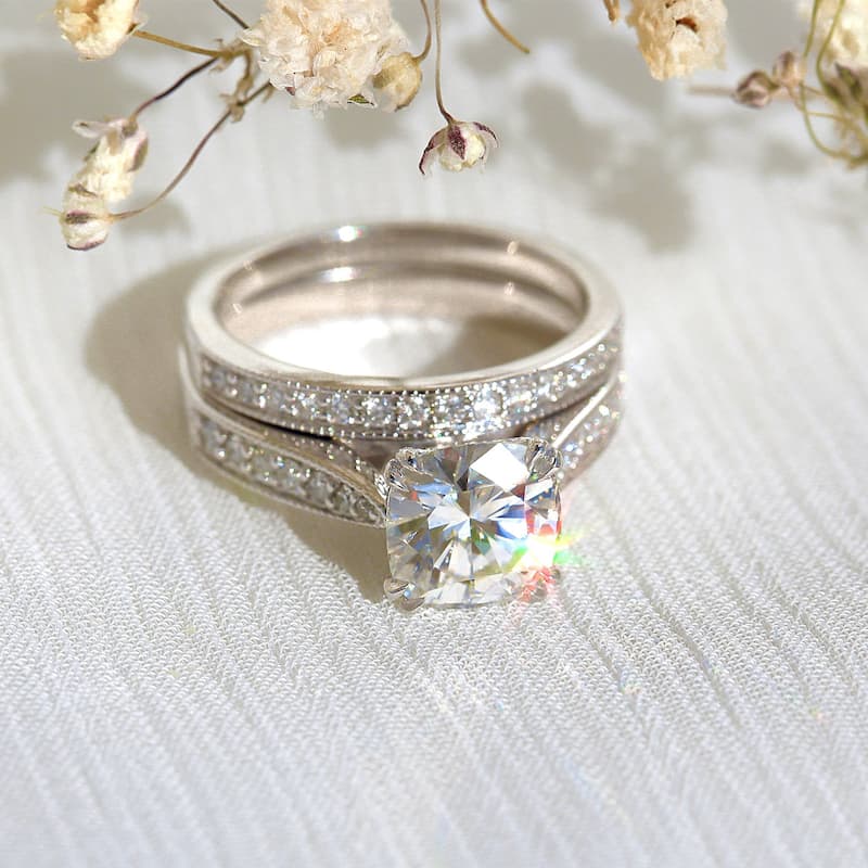 Kobelli 2.33 Carats Moissanite & Natural Diamond Solid 14k White Gold Antique Style Sophie 2pc Bridal Set