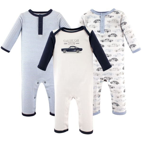 slide 1 of 1, Hudson Baby Infant Boy Cotton Coveralls 3pk, Classic Car 0 - 3 Months - Blue