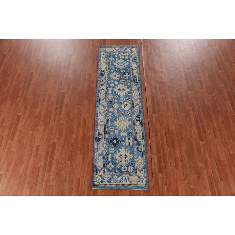 Hand Knotted Oriental 100% Wool Carpet Transitional All-Over Navy Blue & Blues Oushak Runner Rug - 9' 8'' X 2' 7''