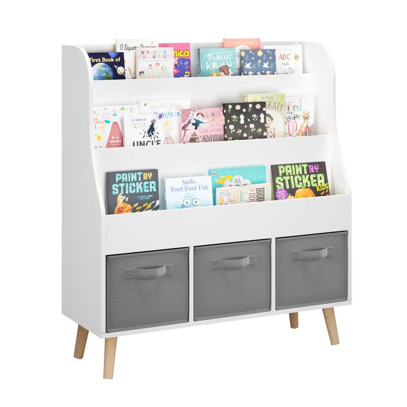 Anmytek 3 Tier Kids Bookcase with Toy Storage Drawers Slanted Display Shelves Pine Wood White for Nursery Playroom