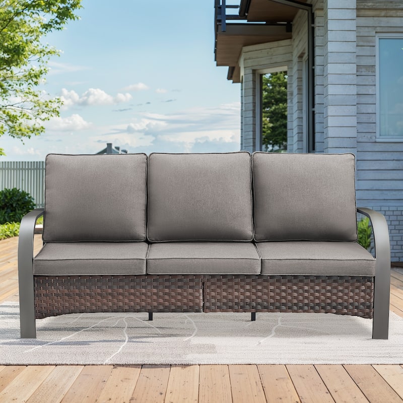 PE Wicker 3-Seat Outdoor Sofa High Back Couch - Grey Cushion - Brown