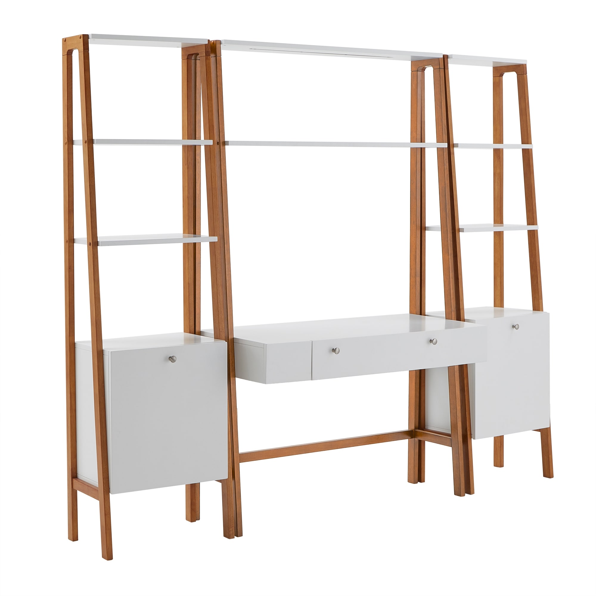 Large modular desk unit with white drawers and cabinets, open shelves on tall wooden frame, multiple angles showing full setup