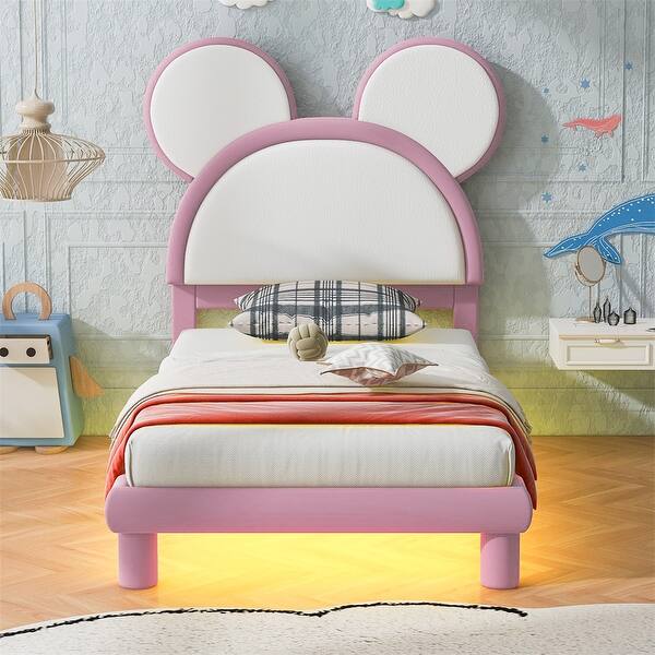 slide 2 of 8, Twin Size Upholstered Platform Bed with Cartoon Ears Shaped Headboard