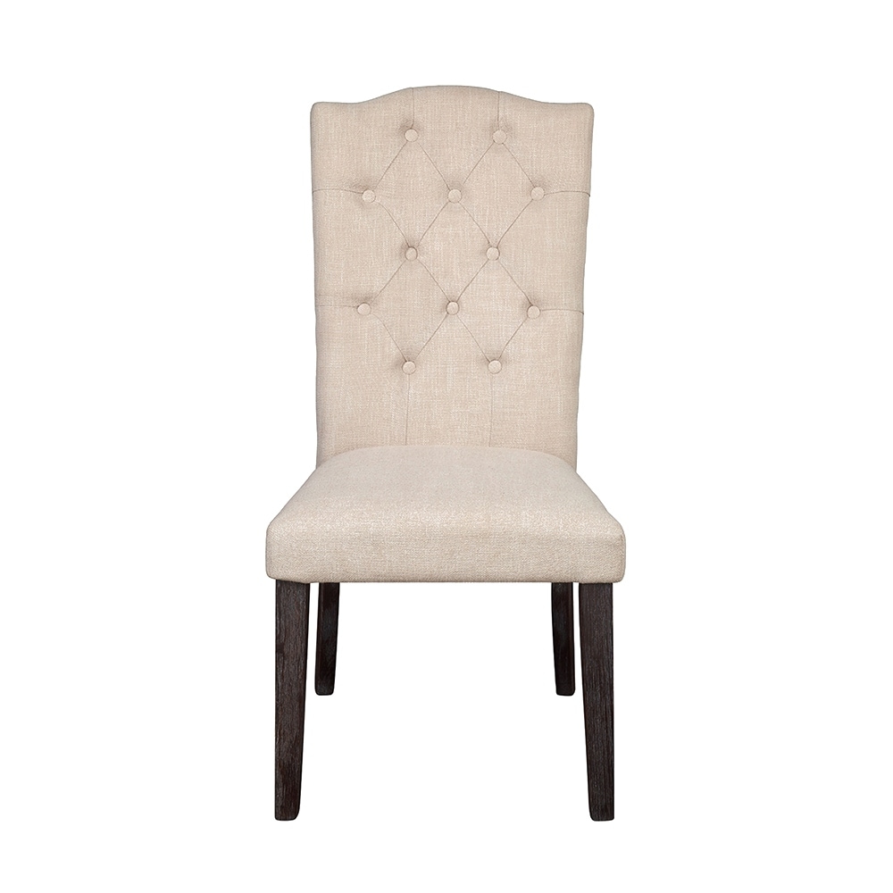 Set of 2 Linen Upholstered Dining Chairs with Tufted Back, Beige and Weathered Espresso