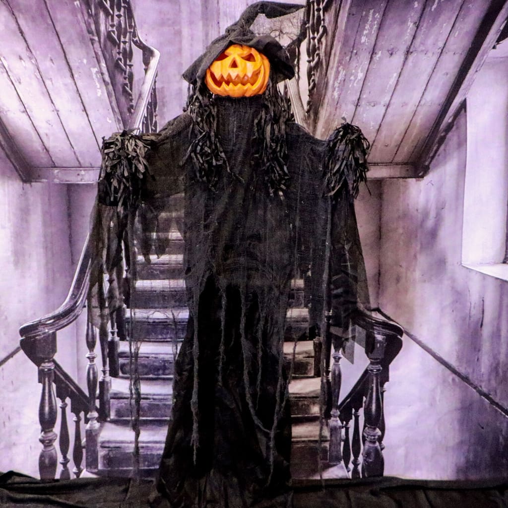 Haunted Hill Farm Life-Size Poseable Pumpkin Witch with Lights and Sound, Indoor/Covered Outdoor Halloween Decoration