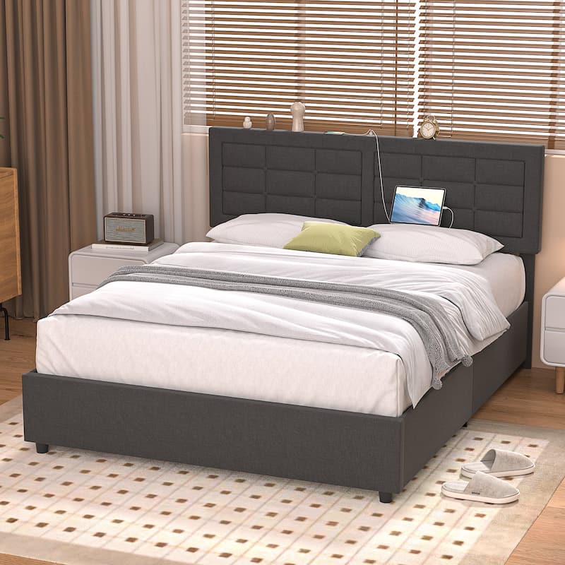 Javlergo Full Queen Size Bed Frame with USB Charging Station Adjustable Height Upholstered Headboard No Box Spring Needed