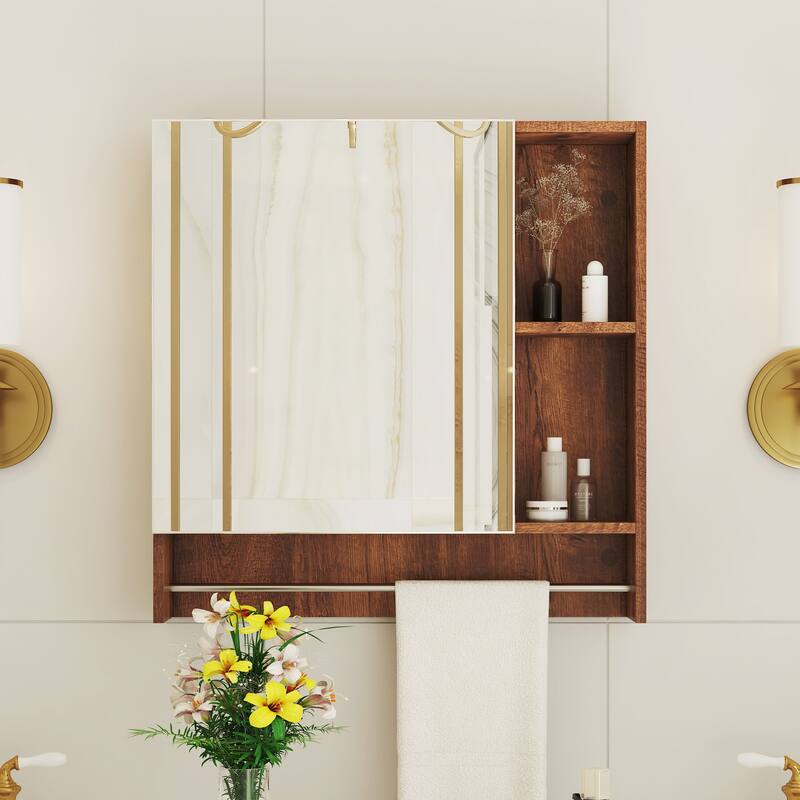 Wall-Mounted Bathroom Mirror Cabinet - Medicine Storage with Shelves & Towel Rack, Over-The-Toilet Design - Walnut