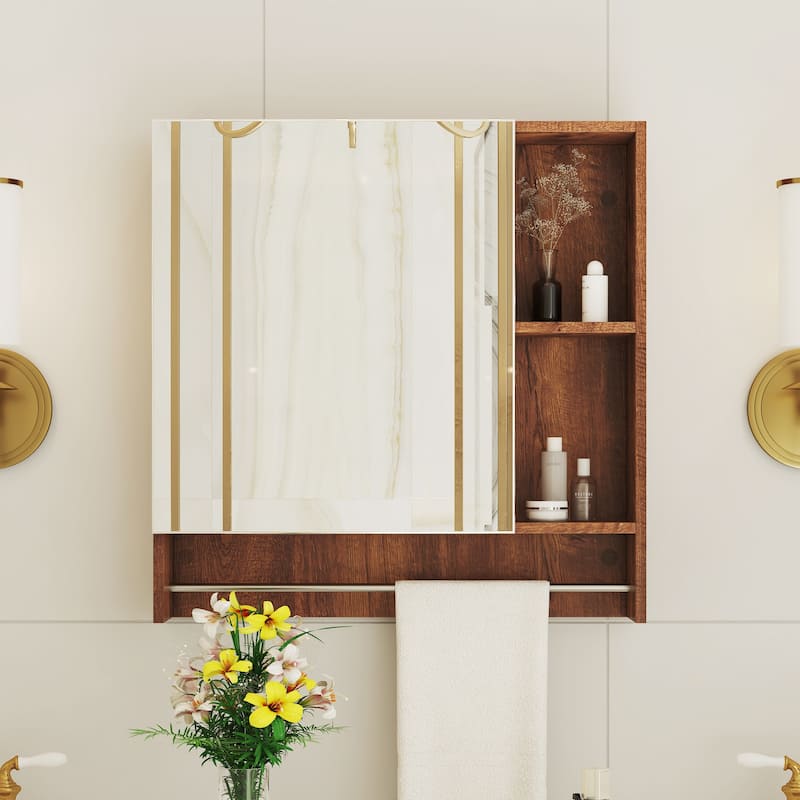 Wall-mounted bathroom medicine cabinet with shelves and a towel rack, designed for over-the-toilet storage and organization.