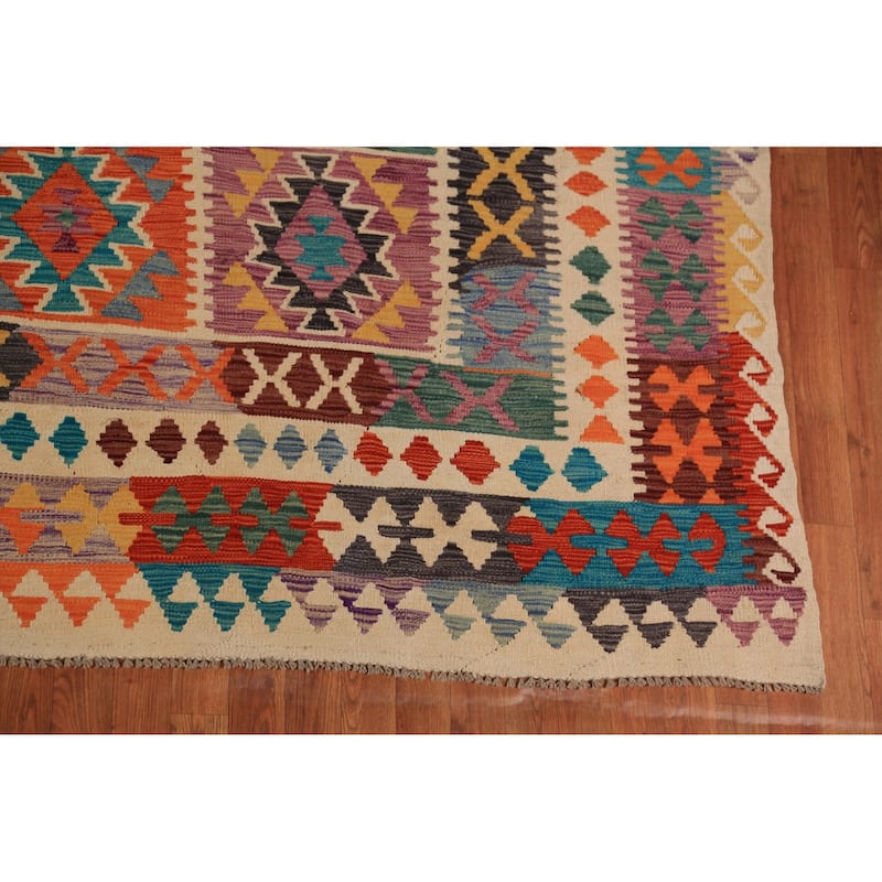 Geometric Kilim Oriental Rug Flatweave Wool Carpet - 9'7"x 12'10"