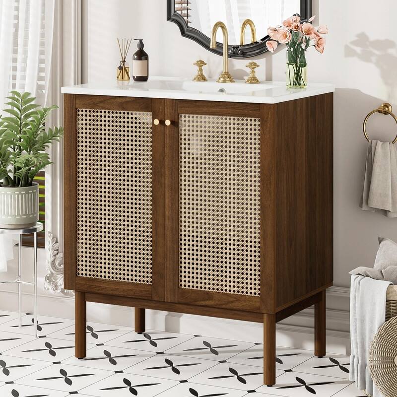 30" Bathroom Vanity with Handwoven Bamboo Doors, MDF Cabinet - Dark Walnut