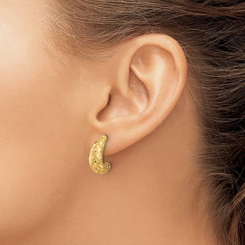 Curata 14k Yellow Gold Polished Satin and Sparkle Cut J hoop Earrings - 17.25x7mm